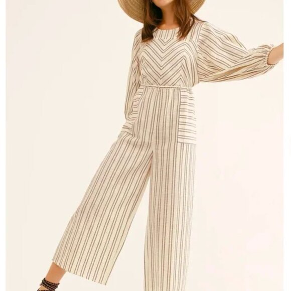 Free People Cream Brown Lightweight Kenny Striped One-Piece Jumpsuit Size Medium - Picture 1 of 11